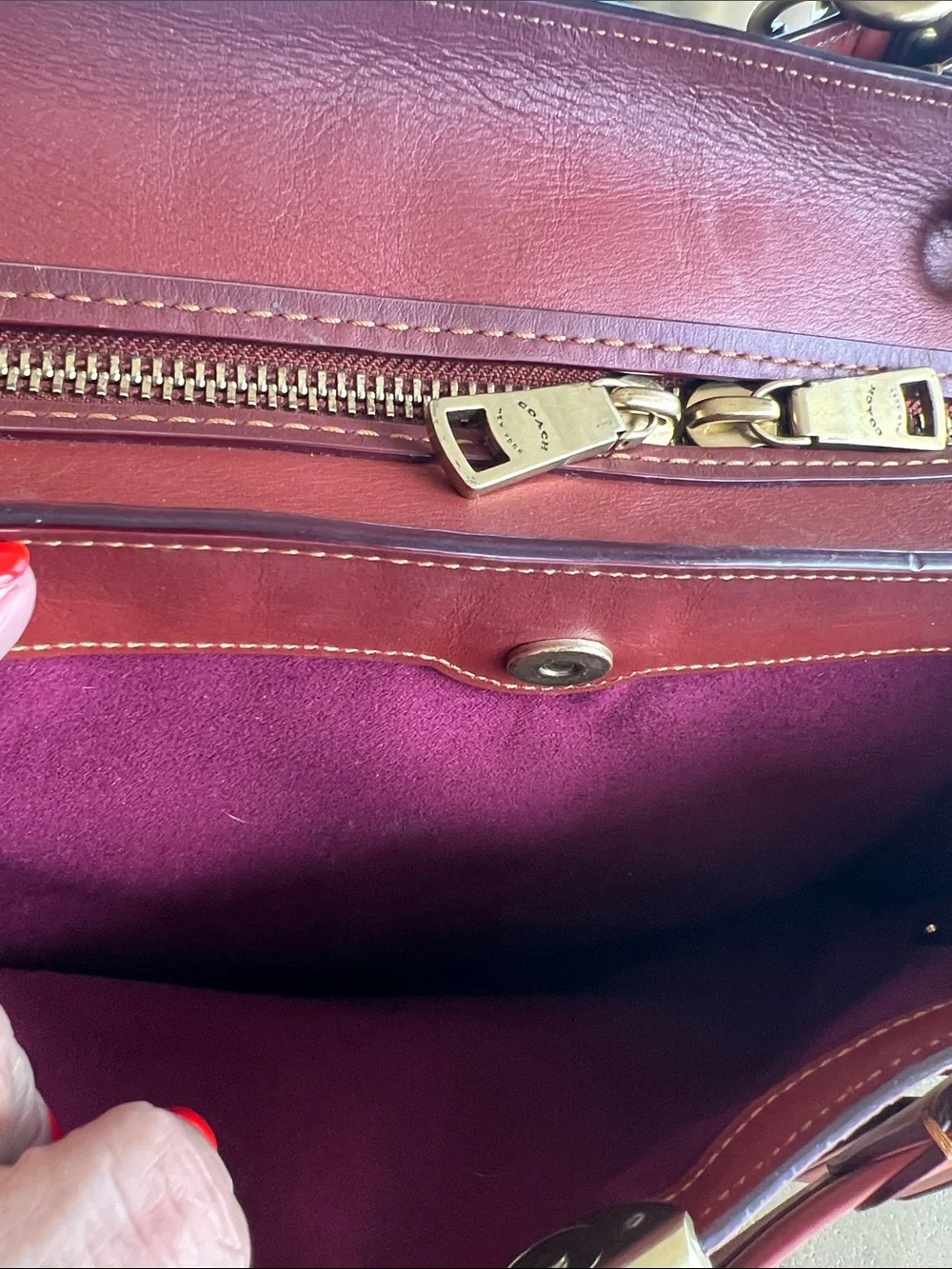 Coach Brown Signature Monogram Satchel with Burgundy Trim